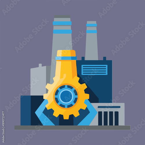 A flat design illustration of an industrial factory with two smokestacks, featuring a large yellow gear held by blue mechanical arms in the foreground.