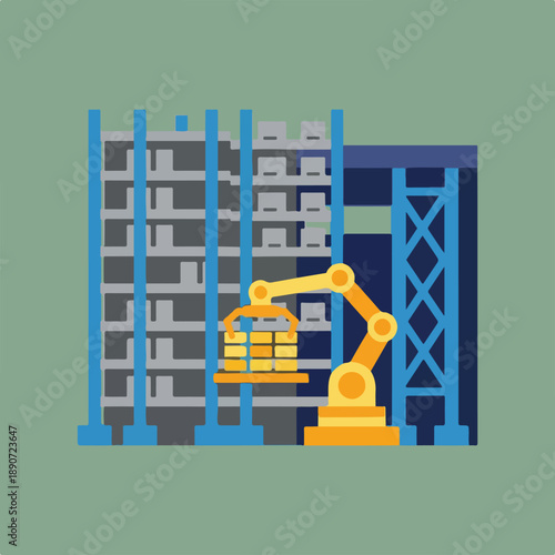 A robotic arm assists in the construction of a modern building, precisely lifting and placing materials within its structural framework.