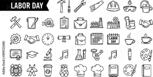 Labor Day and Work Professions Icon Set: Hand-Drawn Black and White Line Art Doodle Symbols for Occupations, Education, and Industry