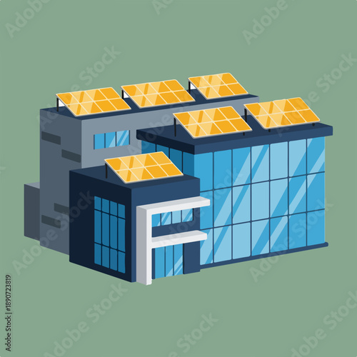 Isometric vector illustration of a modern industrial building with multiple rooftop solar panels on a solid green background.