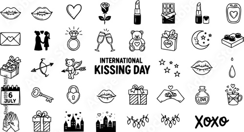 Black  White Hand-drawn Line Art Icons Set for Love, Romance, and International Kissing Day. Doodle Relationship Symbols and Valentine's Elements Collection.