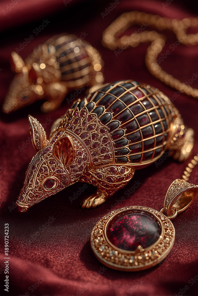 Fototapeta premium Luxury Gold Armadillo Figurine and Blood Moon Ruby Pendant
