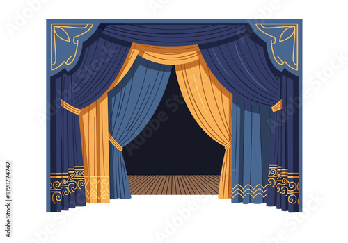 Elegant dark blue curtain with intricate golden designs evoking grandeur and sophistication. Use for theater announcements or event promotions.