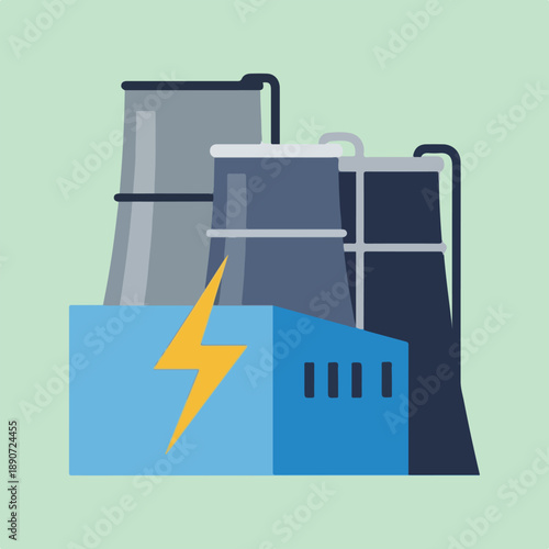 A flat vector illustration depicts a modern power plant with multiple cooling towers and a central building featuring a prominent lightning bolt symbol.