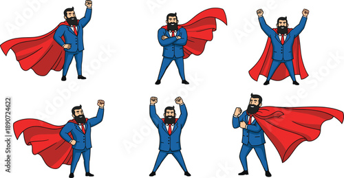 Successful Bearded Businessman Superhero Wearing Blue Suit and Red Cape in Various Heroic Poses Set Isolated on White Background Vector