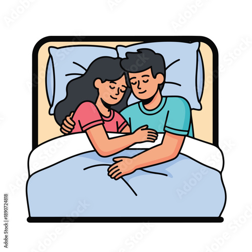 A cartoon illustration of a man and woman embracing in bed