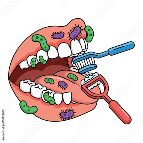 A cartoon illustration of a mouth with bacteria and dental tools