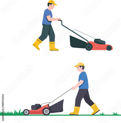 A high quality vector illustration of professional gardeners using lawn mowers to cut green grass for backyard maintenance landscaping and outdoor garden care services