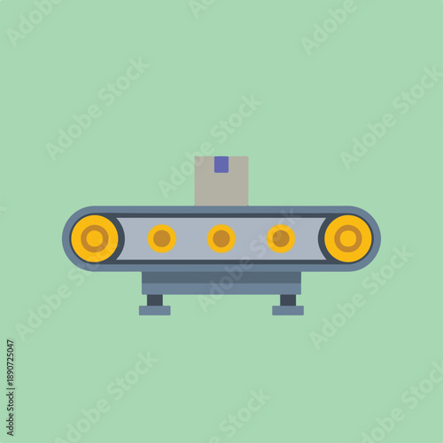 A minimalist, flat-design illustration shows a grey conveyor belt with yellow rollers transporting a brown package with a blue stripe on a light green background.