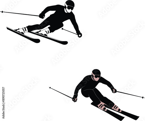 A high quality vector illustration of professional skiers in black suits descending snowy slopes representing winter sports competition adrenaline speed and mountain resort activities for travel