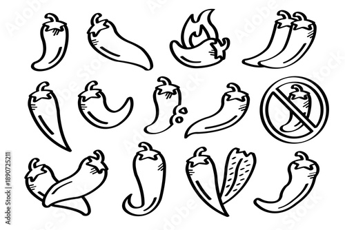 Chili Pepper with variety ingredient outline doodle handdrawn style