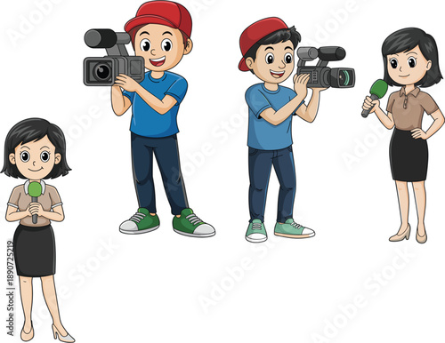 Collection of cartoon news reporter and cameraman characters with professional video camera and microphone for television broadcast illustration