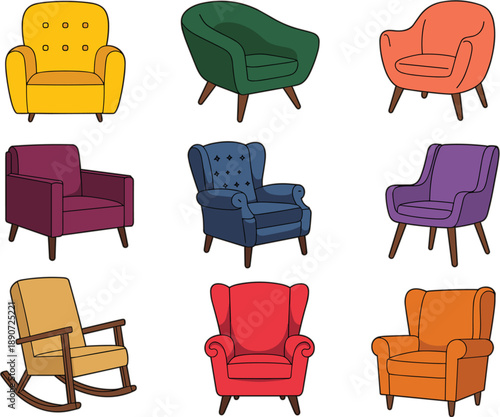 Collection of colorful modern and classic armchair furniture icons including wingback rocking and mid century chairs for interior design