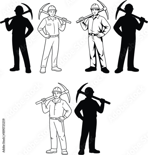 Collection of professional construction worker and miner character silhouettes holding pickaxe tools and wearing safety hard hats illustration