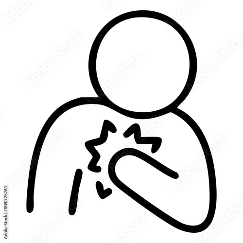 Line icon represents chest pain with one hand clutching the left side of the chest and acute internal discomfort. Related to emergency room triage, first-aid training manuals, pharmaceutical branding