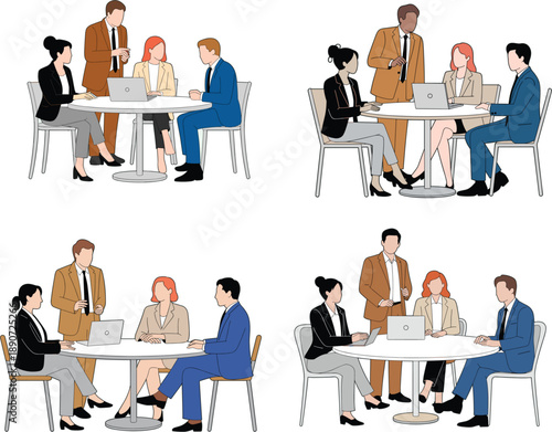 Collection of professional business teams having corporate meetings and collaborations around round tables with laptops and documents