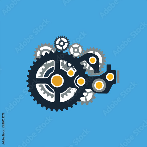 A stylized vector illustration depicts an intricate arrangement of interlocking gears and mechanical parts with bright yellow accents on a solid blue backdrop.