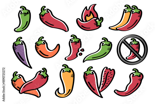 Chili Pepper with variety ingredient doodle handdrawn style