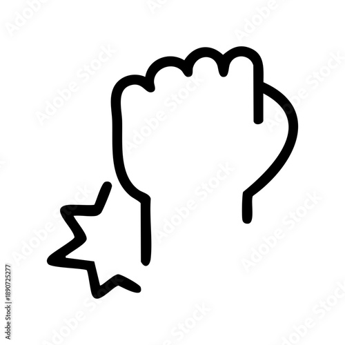 Line icon of a fist features a clenched hand, with fingers curled inward and thumb tucked against the side. Related to safety and occupational health, manual labor intensity, high-tension activities