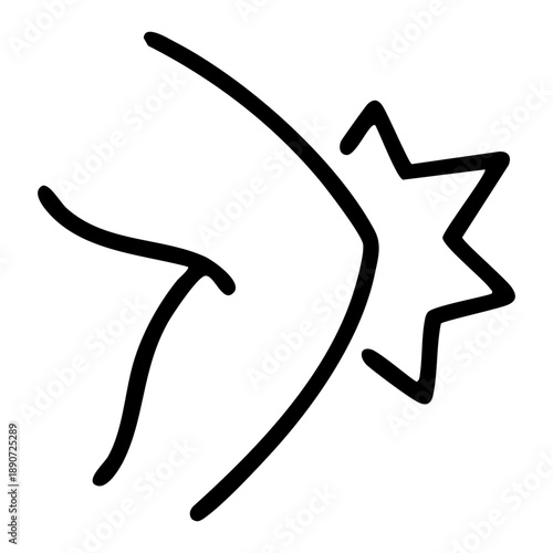 Line icon represents knee pain in the knee joint with a sharp pain spark signifying localized inflammation or injury. Related to physical limitations or injury sites, specialized musculoskeletal