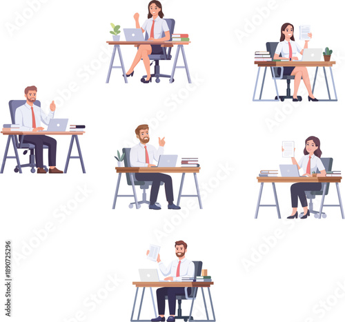 Collection of professional male and female office employees working at desks with laptops holding documents and showing thumbs up
