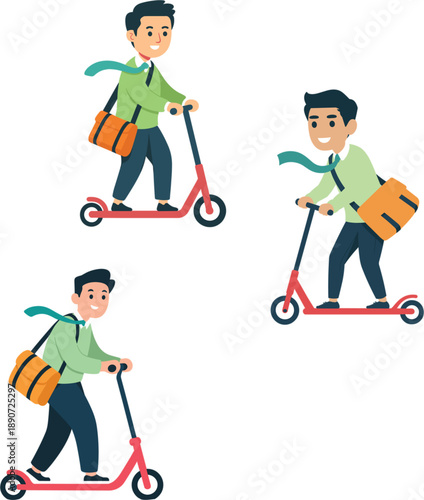 Collection of young professional male characters with messenger bags riding electric kick scooters for modern eco-friendly urban commuting