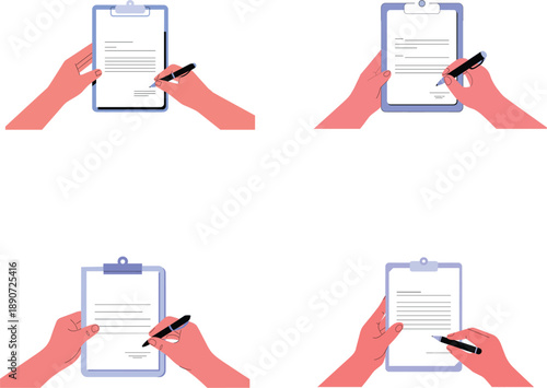 Hands signing official business document on clipboard with pen for contract agreement legal paperwork and medical insurance form flat vector illustration set