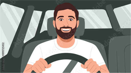 Happy young man with beard driving a car and looking forward for road trip transportation and modern urban lifestyle concept flat vector illustration