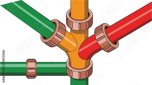Industrial colorful pipe connection vector illustration featuring green red and orange plumbing tubes with bronze joints isolated on white background for engineering and construction concepts