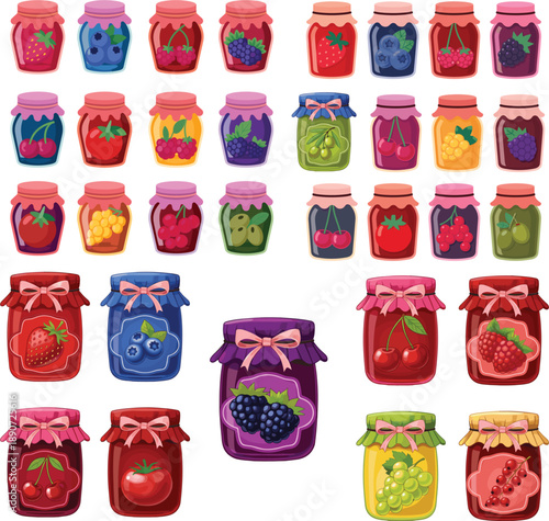 Large collection of colorful fruit jam jars featuring strawberry blueberry cherry raspberry blackberry and grape preserves isolated on white