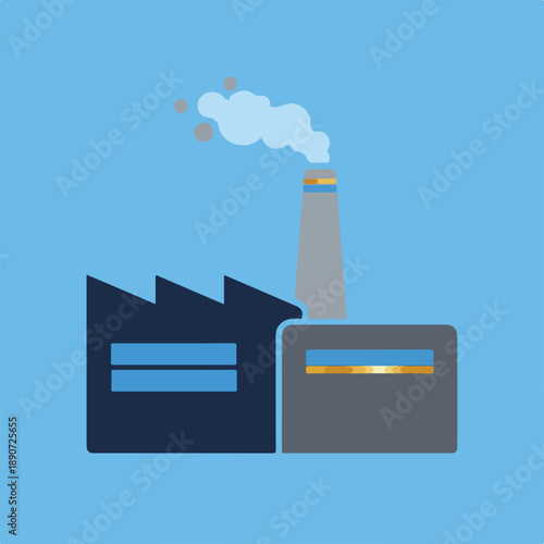 A minimalist flat vector illustration of a factory building with a tall smokestack emitting smoke and pollution against a solid blue background.
