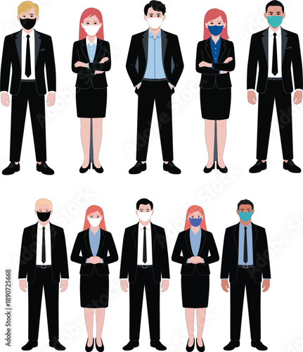 Large collection of diverse professional business men and women wearing protective face masks and formal black suits for safety