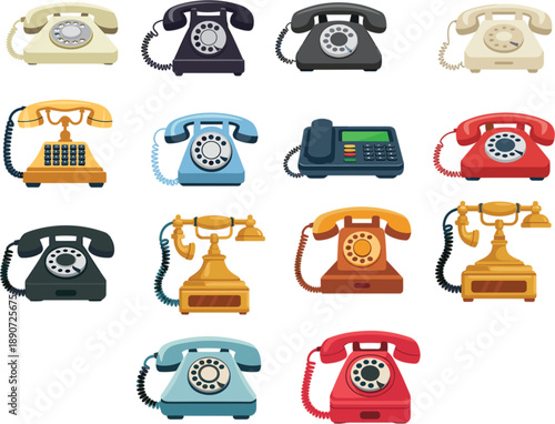 Large flat vector illustration set of various vintage rotary dial telephones and antique classic landline communication icons isolated on white