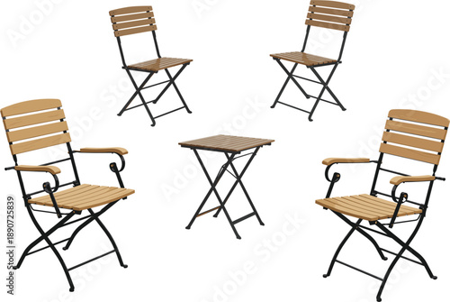 Modern outdoor wooden bistro set with folding chairs and small square table vector illustration isolated on white background for garden furniture patio decor and cafe seating design concept