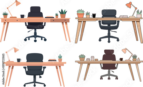 Modern professional office workstation vector set featuring wooden desks with ergonomic black chairs, desk lamps