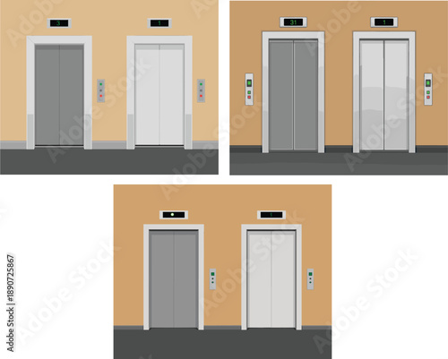 Modern professional building elevator vector set featuring closed silver metallic doors with digital floor displays and call buttons for architectural design