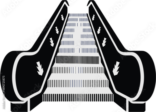 Modern public escalator staircase with black handrails and metal steps perspective view flat vector illustration for shopping mall airport and urban transportation