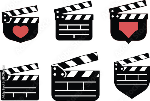 Movie clapperboard icon set with heart and speech bubble shapes for film production cinema reviews and romantic media