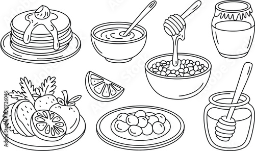 Hand-drawn collection of breakfast foods and ingredients, line