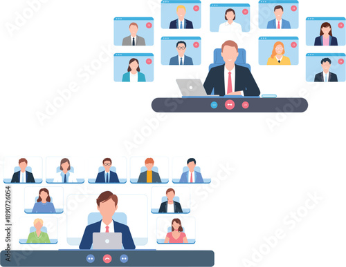 Online video conference call meeting on computer screen with business people avatars flat vector illustration for remote work