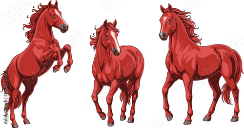 Powerful red stallion horses set in various poses including rearing and walking isolated on white background for majestic equine design
