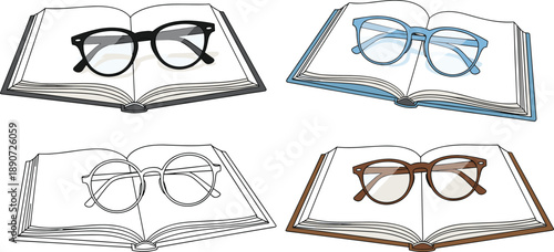 Vector illustration set of open books with various stylish eyeglasses including round and square frames for reading and education concepts
