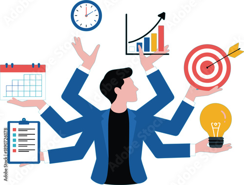 Productive business professional multitasking with multiple arms holding growth chart, target, lightbulb, clock, and calendar for effective project management