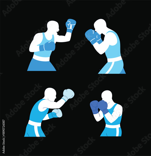 Professional boxing athletes in blue uniform and gloves training fighting and sparring action poses flat vector illustration isolated on black background