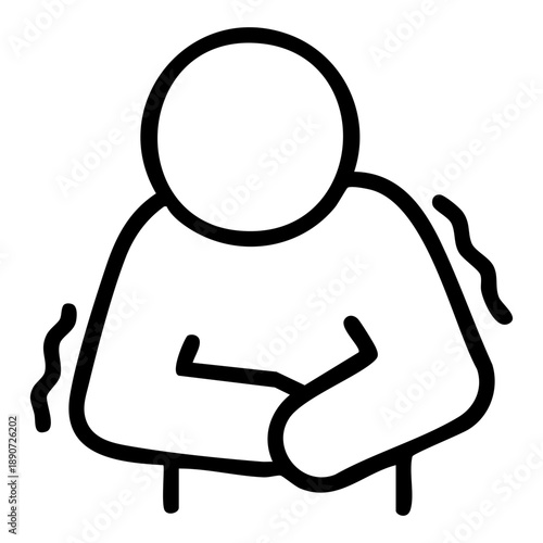Outline style of a stomach ache depicts a human figure hunched, with its hands clutching the abdomen. Related to radiating pain, churning sensation in healthcare wayfinding, pharmaceutical packaging