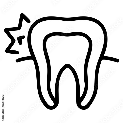 Outline style represents a toothache of a human molar tooth with pain bursts. Related to specialized medical icons in health apps, signage, and educational materials, shows inflammation, sharp pain