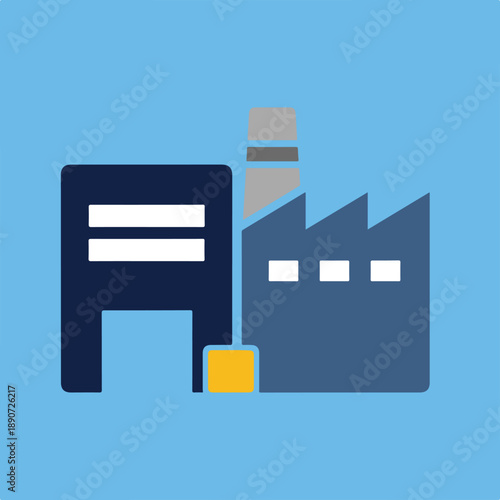 A modern, flat vector illustration depicting an industrial factory complex with two distinct building structures, a chimney, and small windows.