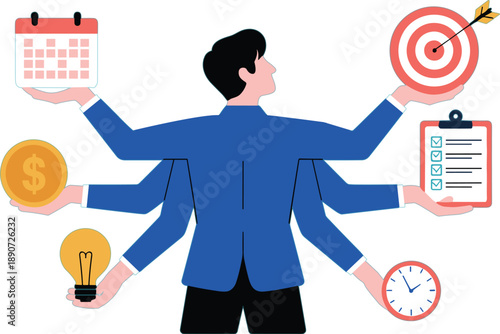 Professional businessman multitasking with multiple arms holding business icons like clock, target, lightbulb, calendar, money, and checklist for productivity
