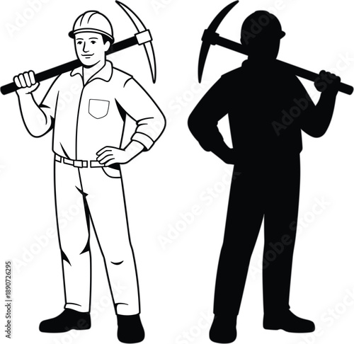 Professional construction worker and miner character silhouette holding a pickaxe tool wearing safety