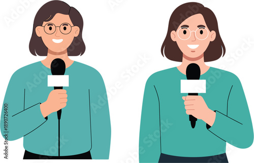 Professional female news reporter or journalist character set holding microphones for media broadcasting press interview and television news communication flat vector illustration